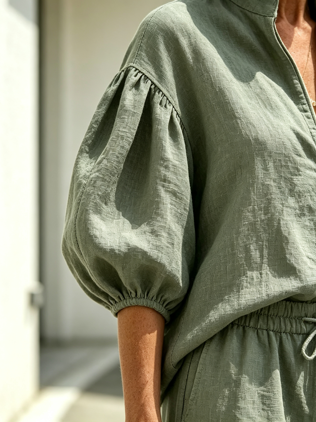 2Pcs Casual Matching Outfit Set, Stand Collar Half Zipper Top, Lantern Puff Sleeve Blouse, Solid Lightweight Textured Fabric, Elastic Drawstring Waist Wide Leg Long Pants, Relaxed Loose Fit Co-Ord Suit for Daily Leisure and Vacation