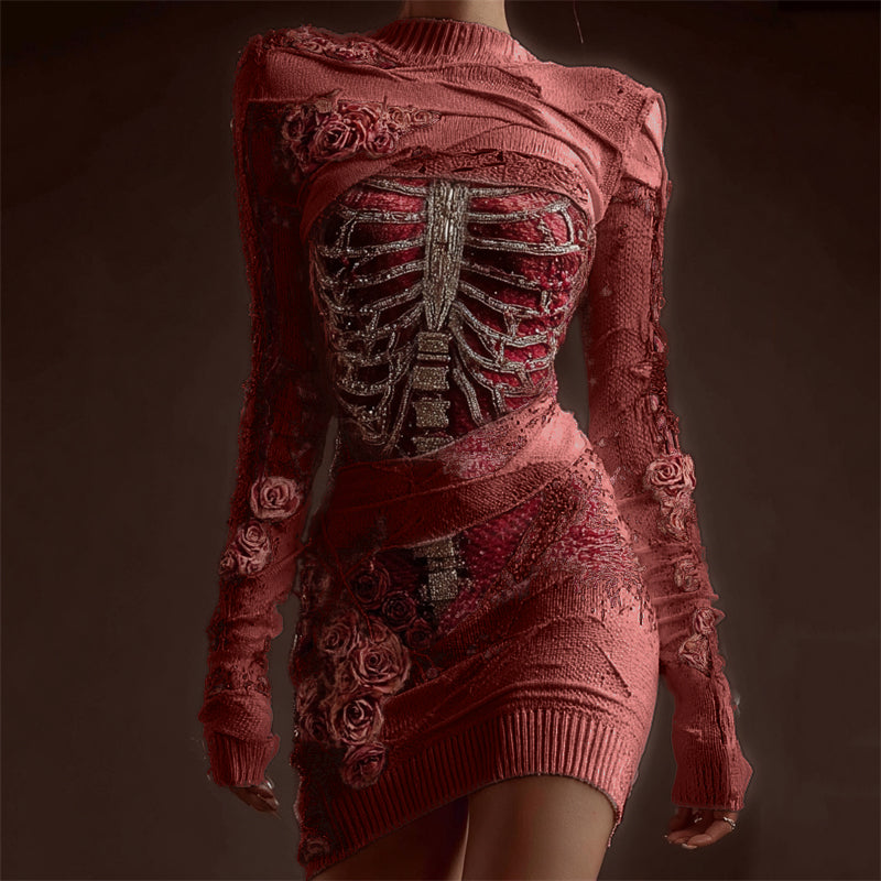 Classy Skeleton Anatomy Bloody Roses Bandages Knit Sweater Dress