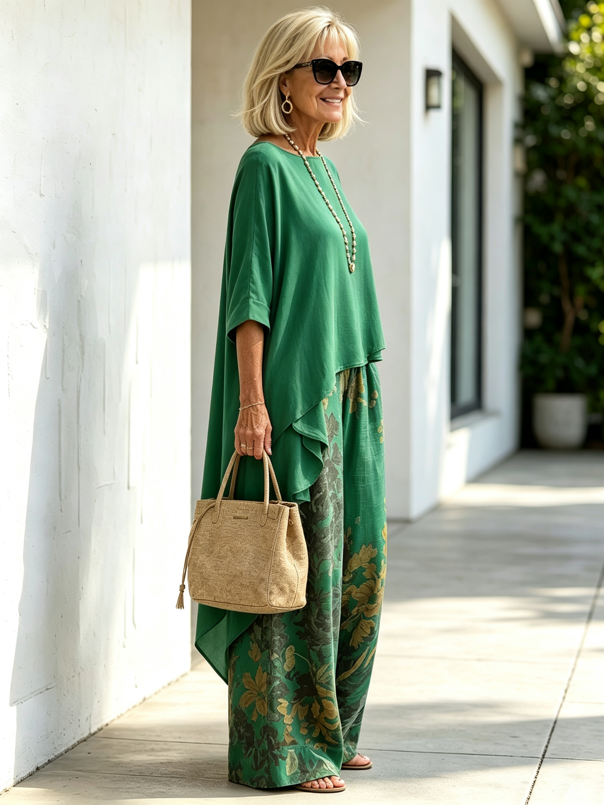 2‐Piece Outfit Set, Solid Color Asymmetrical Draped 3/4 Sleeve Boat Neck Top, Floral Printed High‐Waist Wide‐Leg Pants With Side Pockets, Loose Flow‐y Linen‐blend Fabric, Relaxed Silhouette For Daily Wear, Vacation And Casual Occasions