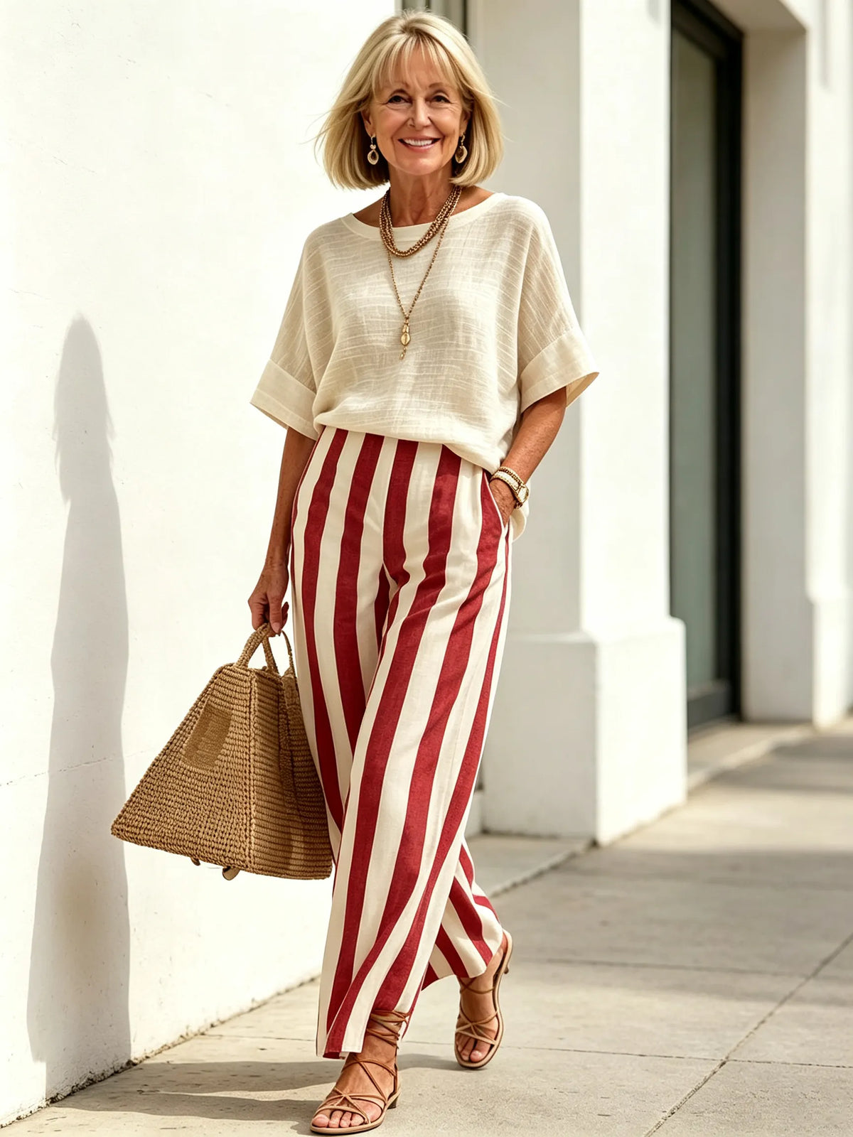 2Pcs Casual Cotton Linen Outfits Short Sleeve Loose Top with Striped Wide Leg Pants Set Summer Beach Vacation Holiday Streetwear Matching Sets
