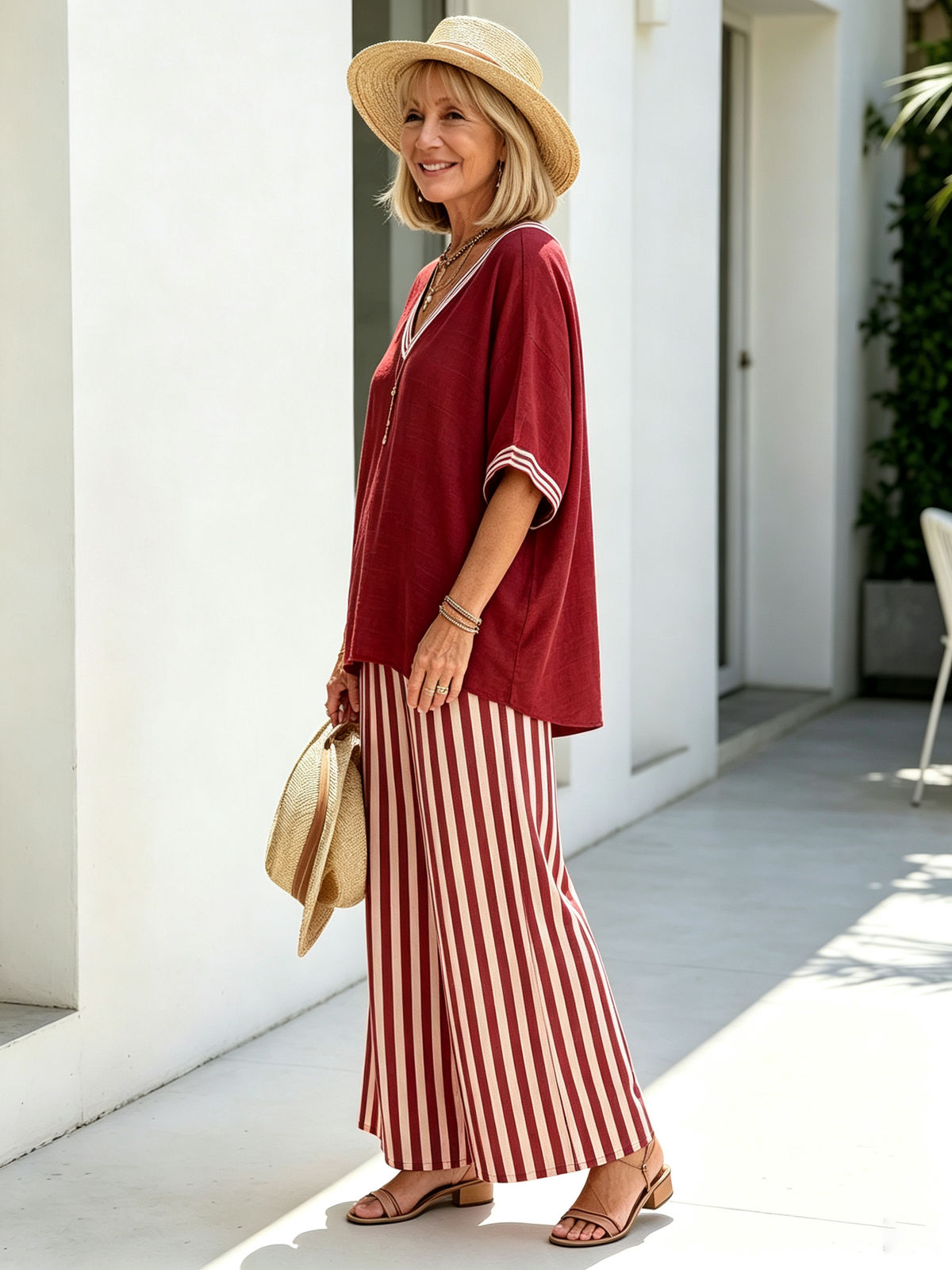 Women Cotton Linen Vacation Two-Piece Outfit Set, Contrast White Striped V-Neck Loose Short Sleeve Top With Striped Cuffs, Matching Green Vertical Striped High Waist Wide Leg Trousers, Lightweight Breathable Textured Fabric Relaxed Fit Casual Holiday Comm