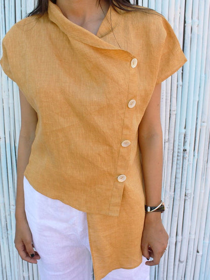 Women'S Casual Solid Color Cotton And Linen Mismatched Tops