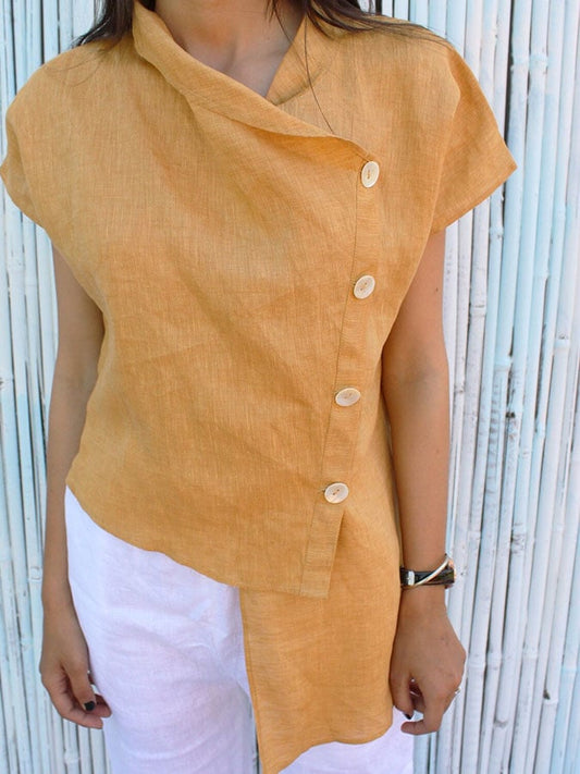 Women'S Casual Solid Color Cotton And Linen Mismatched Tops