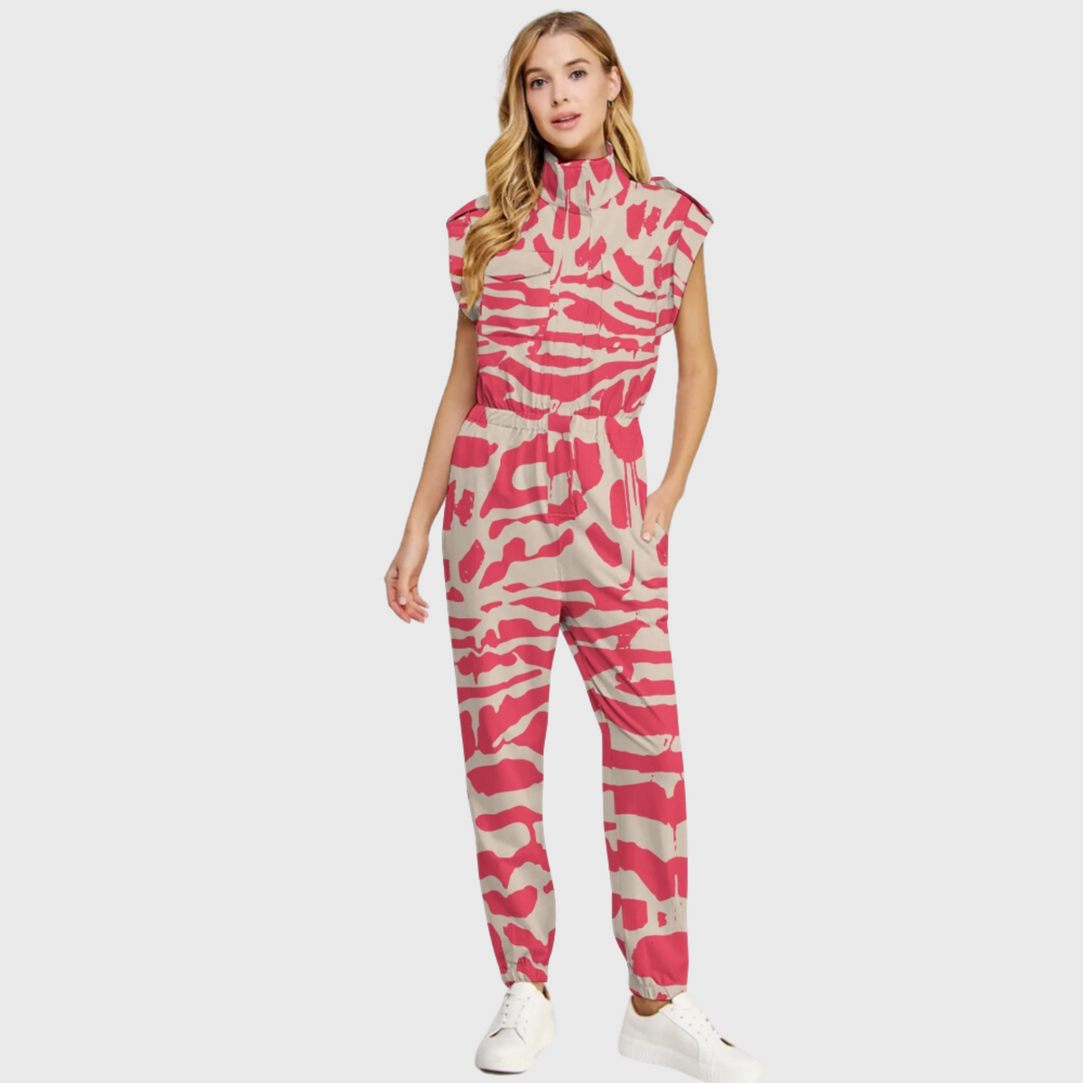 Women's High Neck 4-Pocket Sleeveless Print Scrub Jumpsuit