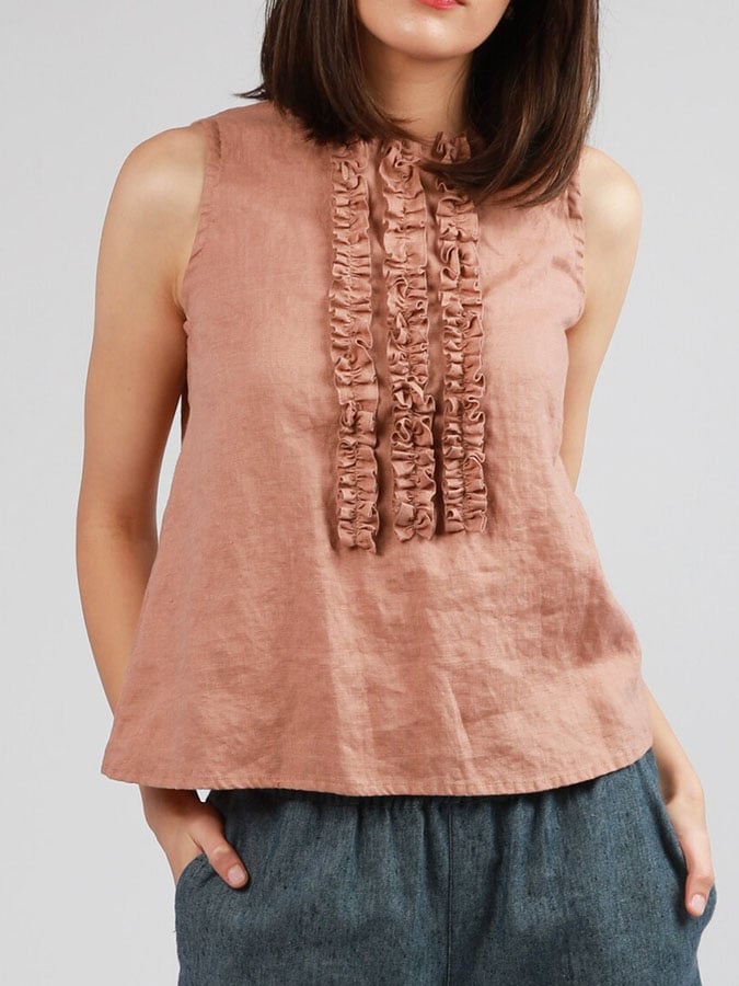 Women'S Casual Solid Color Cotton And Linen Ruffle Design Top