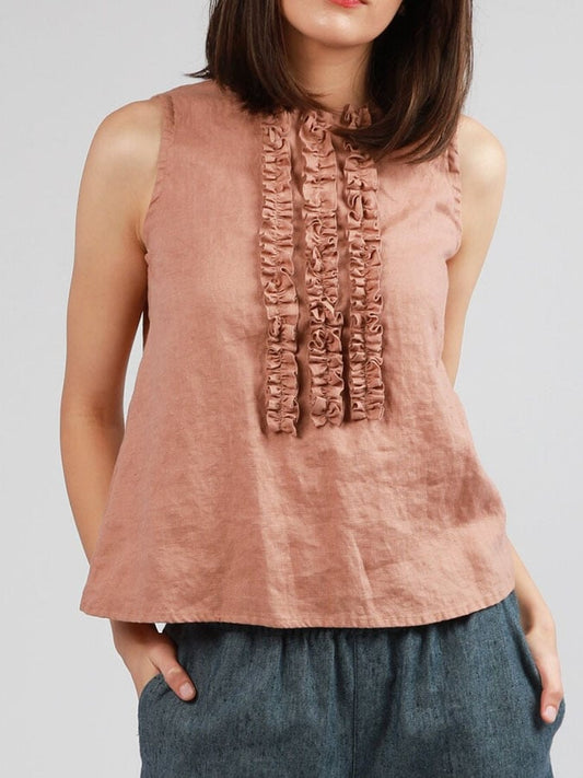 Women'S Casual Solid Color Cotton And Linen Ruffle Design Top