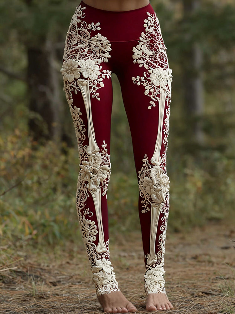 Women's Vintage Halloween Skeleton & Rose Lace Art Leggings