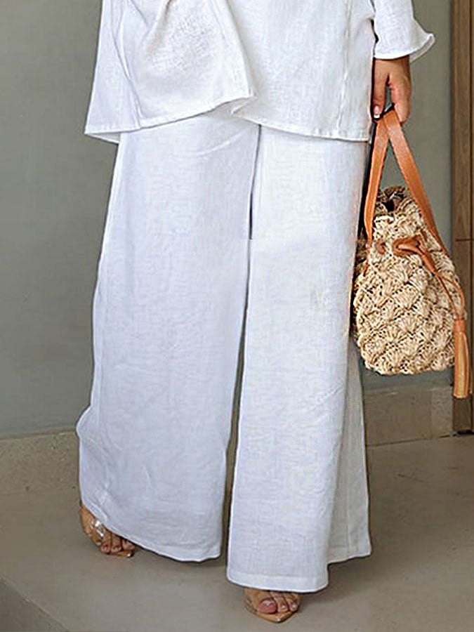 Women's Casual Solid Color Cotton and Linen Elastic Waist Wide Leg Pants