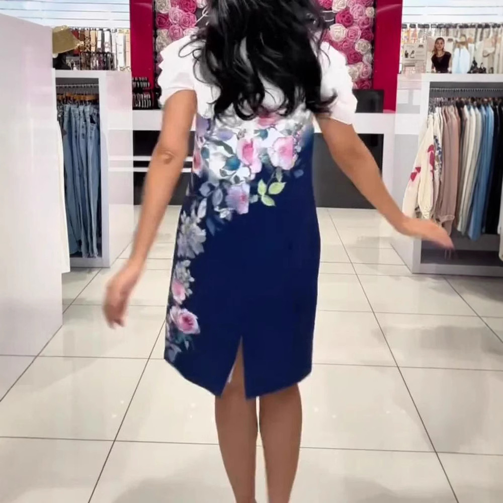 Women's V Neck Rose Irregular Print Dress