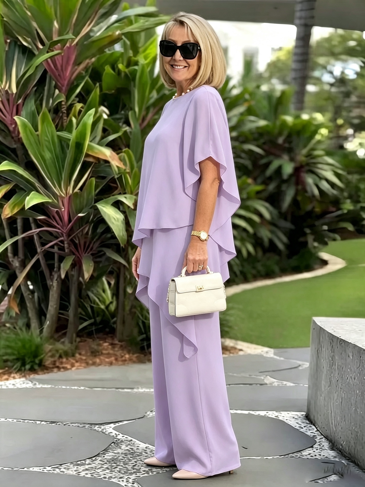Women's 2 Piece Chiffon Pants Set, Round Neck Sheer Flutter Sleeve Asymmetric Double Layer Tunic Top & Wide Leg Trousers, Elegant Loose Matching Outfit for Wedding Guest Formal Occasions