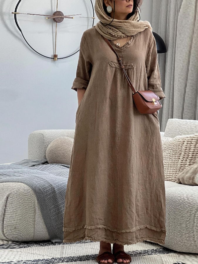 Women's Casual Solid Color V-Neck Long Sleeve Cotton and Linen Dress