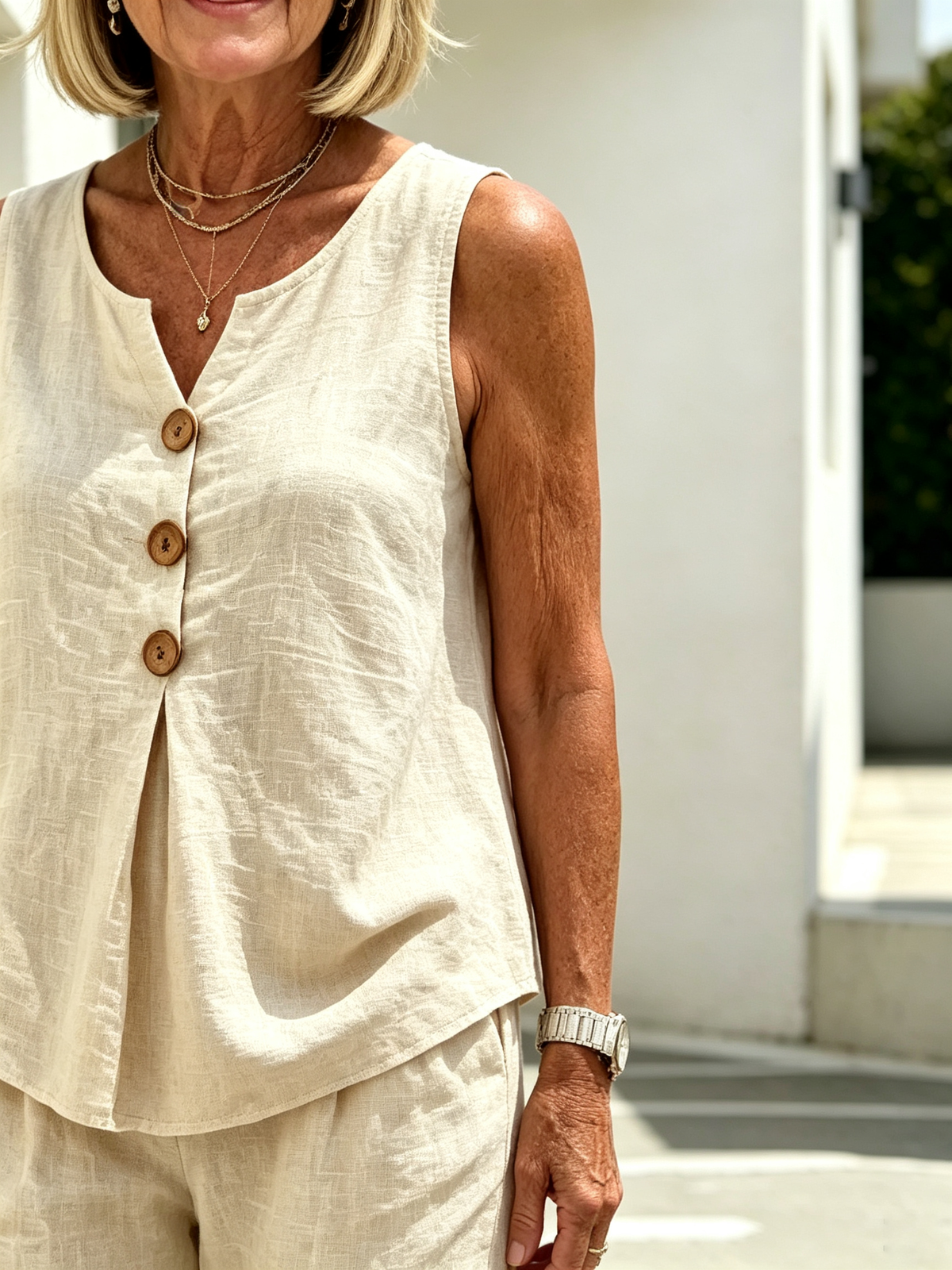 V-neck Button Sleeveless Vest Top Shorts Set Two-piece Set