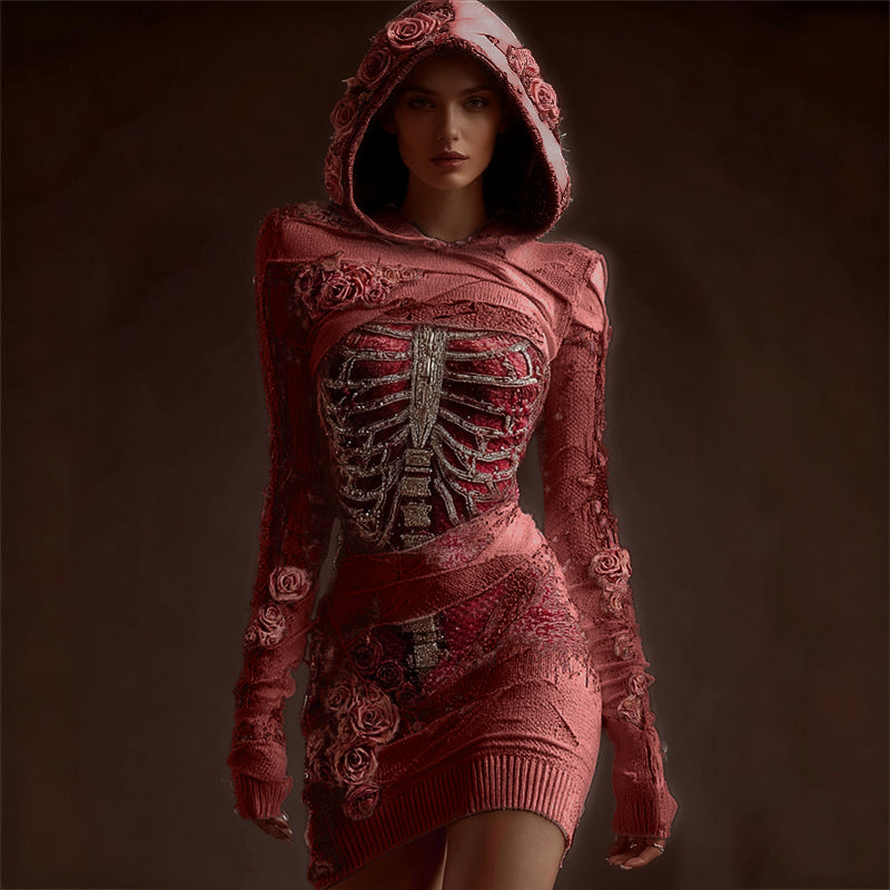 Classy Skeleton Anatomy Bloody Roses Bandages Hooded Sweater Dress