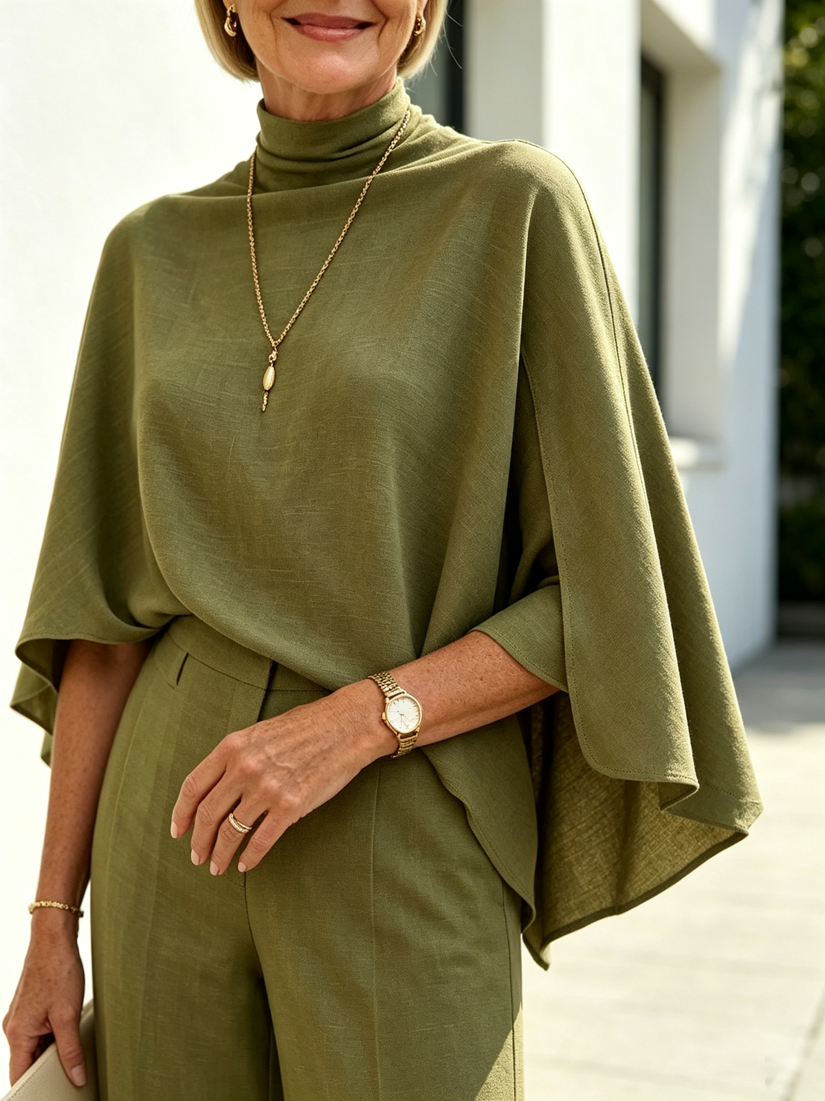 Solid Color 2 Piece Outfit Set, Semi High Mock Neck Cape Sleeve Blouse, High Waist Split Wide Leg Pants, Light Textured Woven Fabric, Relaxed Elegant Silhouette, Flowy Cape Top and Front Slit Trousers for Formal and Semi-formal Occasions
