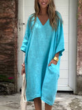 Women'S Casual Solid Color V-Neck Loose Cotton And Linen Dress