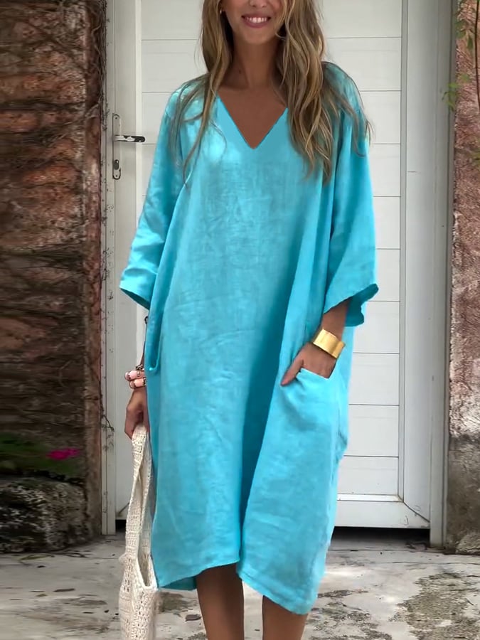 Women'S Casual Solid Color V-Neck Loose Cotton And Linen Dress