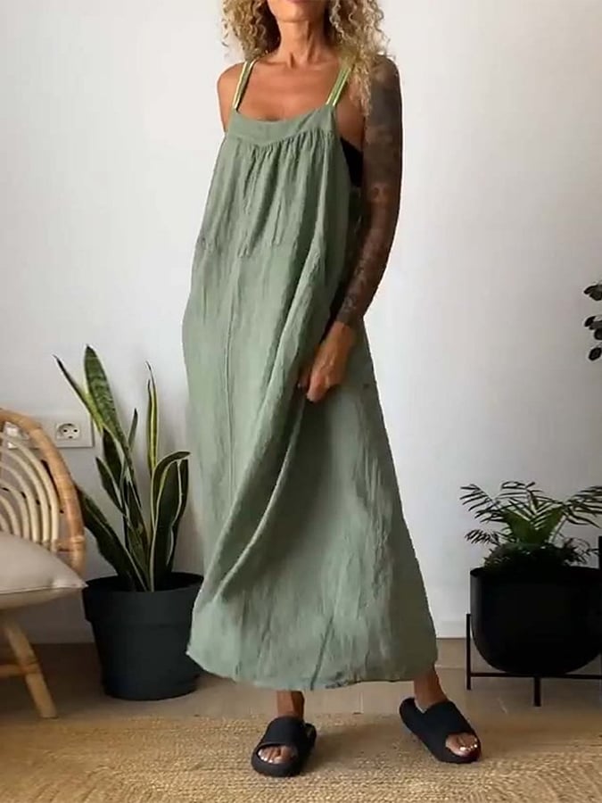 Women's Casual Sling Contrast Color Cotton and Linen Sleeveless Dress