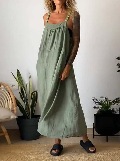 Women's Casual Sling Contrast Color Cotton and Linen Sleeveless Dress