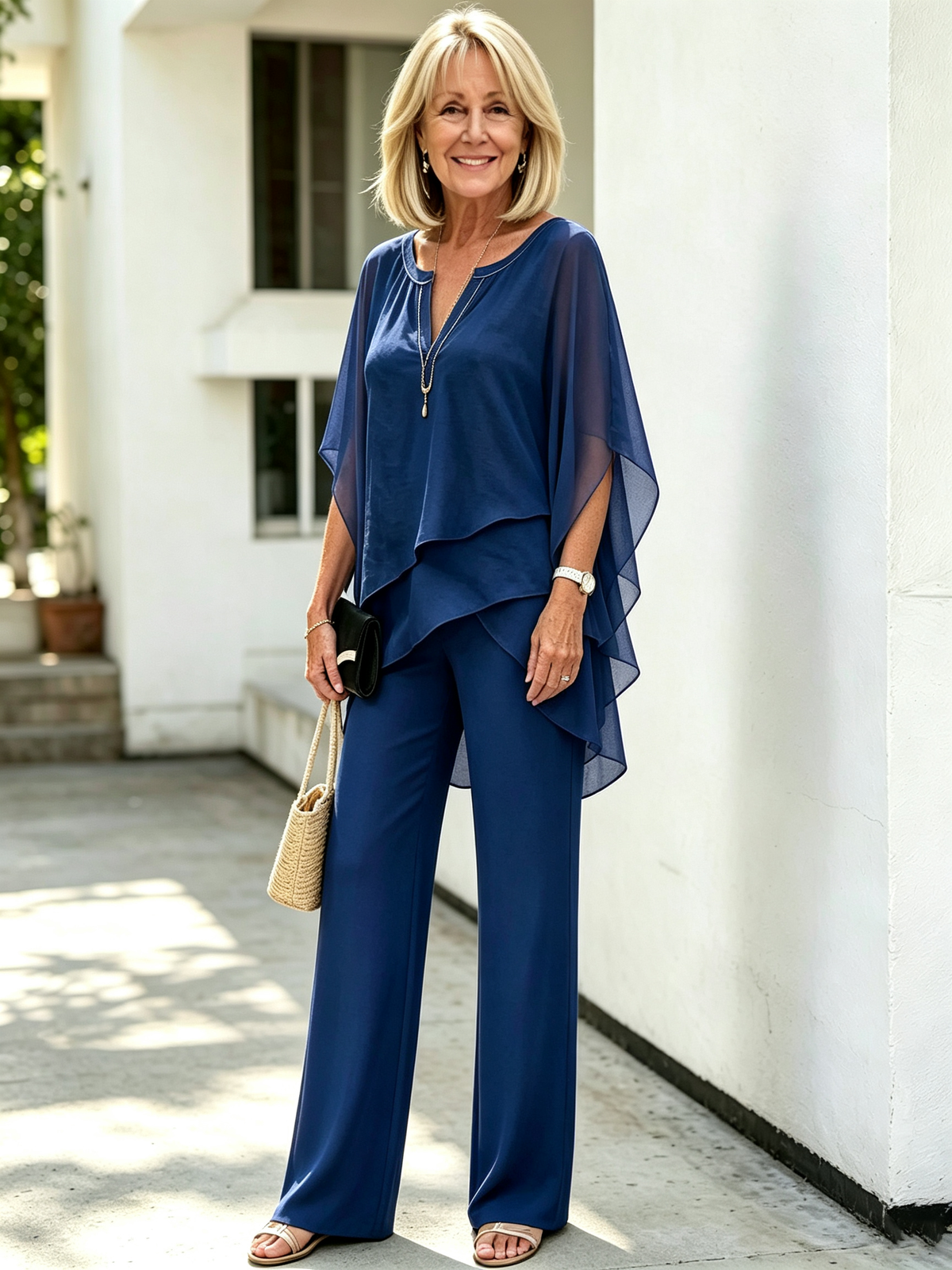 2Pcs Chiffon Bat Half-sleeve Temperament Elegant Women's Casual V-neck Two-piece Set