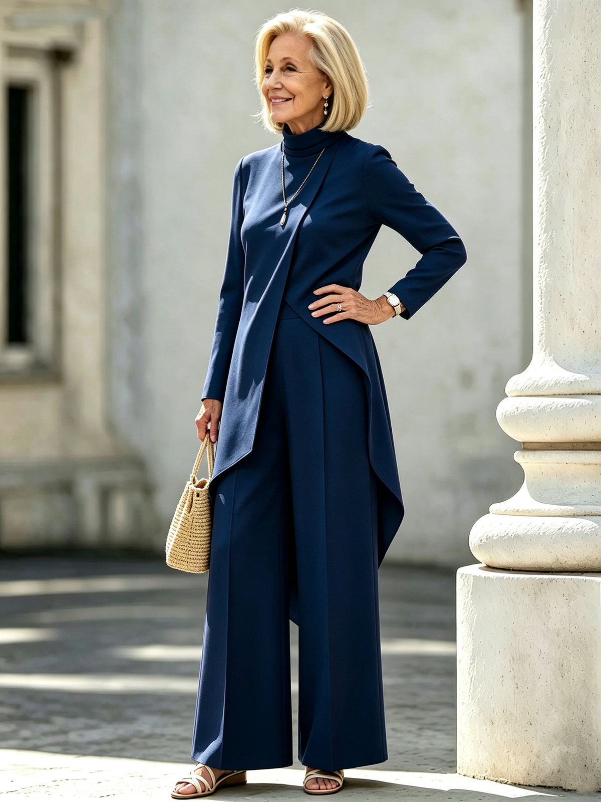 2Pcs Commuter Skinny Irregular Design, High Neck Long Sleeve Laminated Wide Leg Pants Two-piece Set