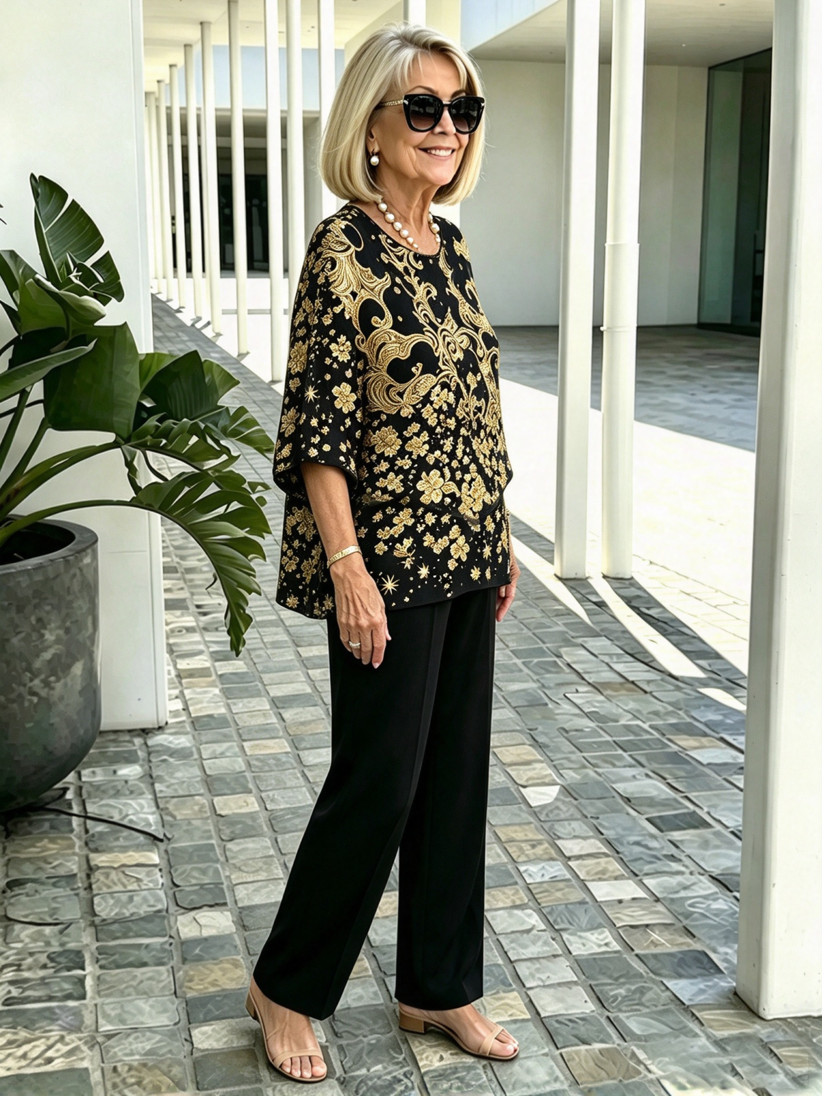 2Pcs Gold Foil Print Outfit Set Crew Neck Flutter Sleeve Layered Blouse with Straight Leg Pants Mother of the Bride Formal Evening Suits
