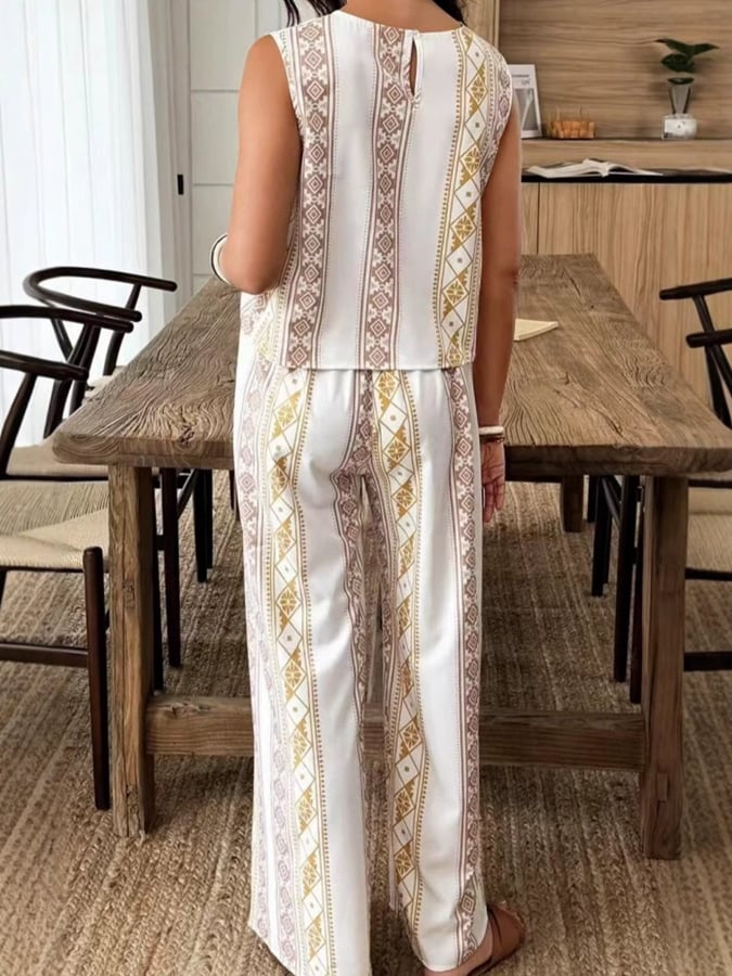Women's Casual Printed Round Neck Sleeveless Top Wide Leg Pants Set