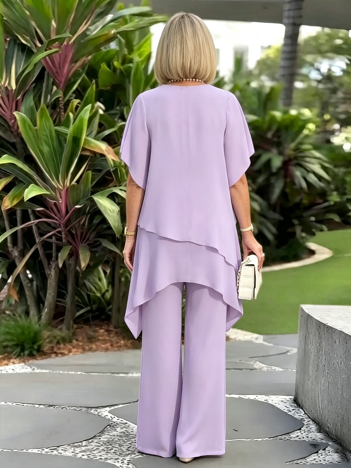 Women's 2 Piece Chiffon Pants Set, Round Neck Sheer Flutter Sleeve Asymmetric Double Layer Tunic Top & Wide Leg Trousers, Elegant Loose Matching Outfit for Wedding Guest Formal Occasions