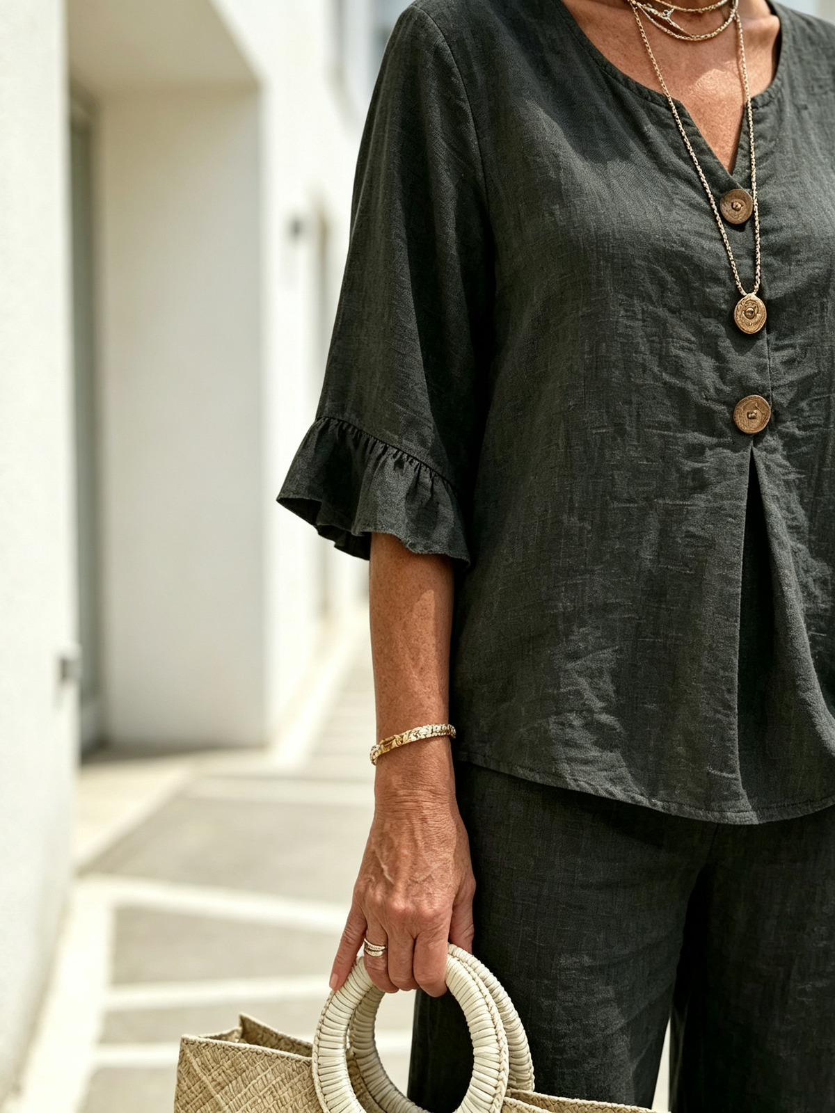 Women's Casual Button V-Neck Ruffle Women Summer Linen Two-Piece Outfit Set, V-Neck Wooden Button Front Ruffle 3/4 Sleeve Loose Casual Top & Matching Wide Leg Long Pants, Lightweight Breathable Textured Fabric High-End Seven-Sleeve Linen Top Two-piece Set