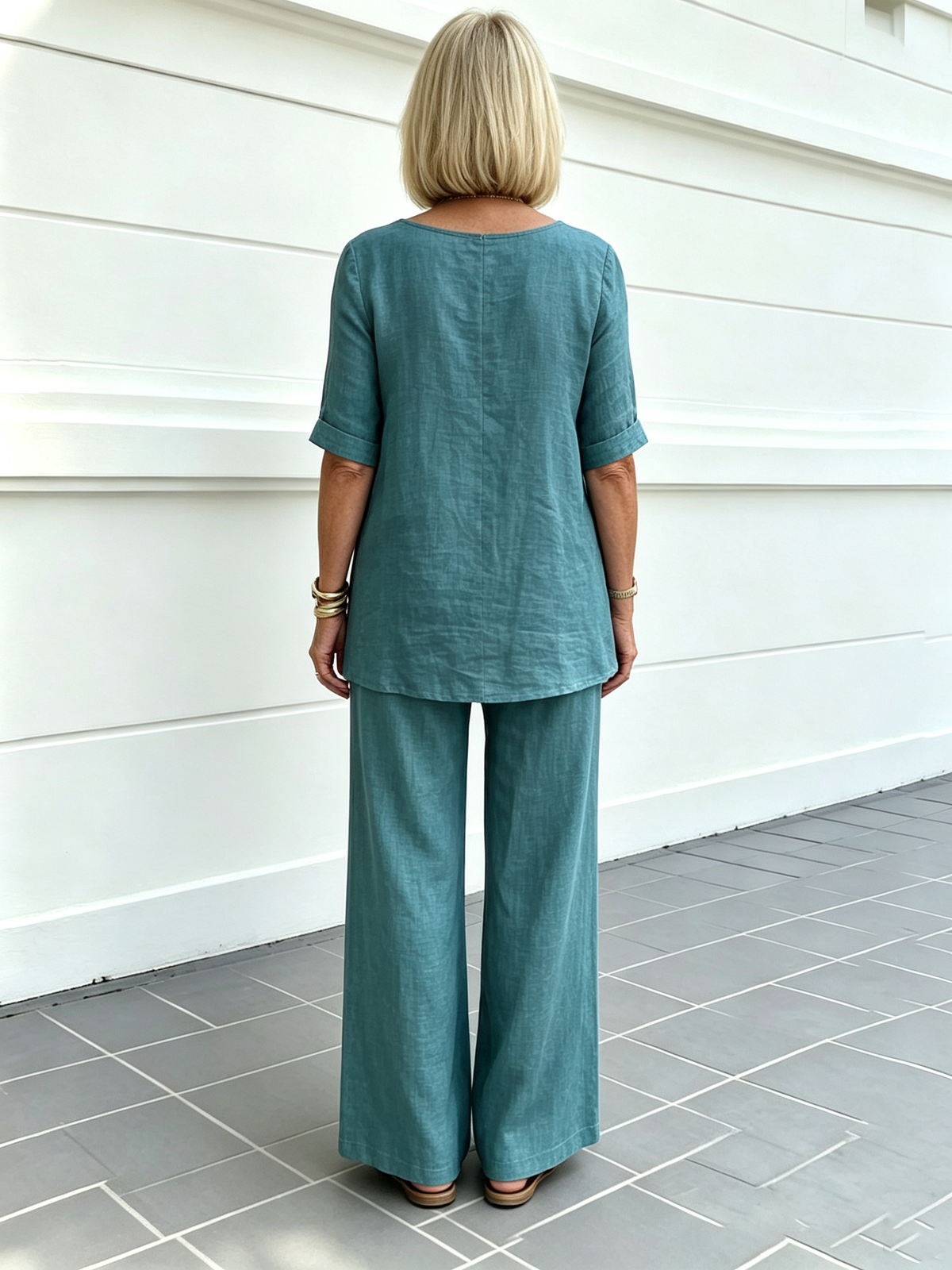 Casual Cotton and Linen Solid Color Fashion Casual Medium Sleeve V-neck Top Set