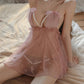Sexy Deep V Mesh See-Through Pearl Open Crotch Lingerie Set