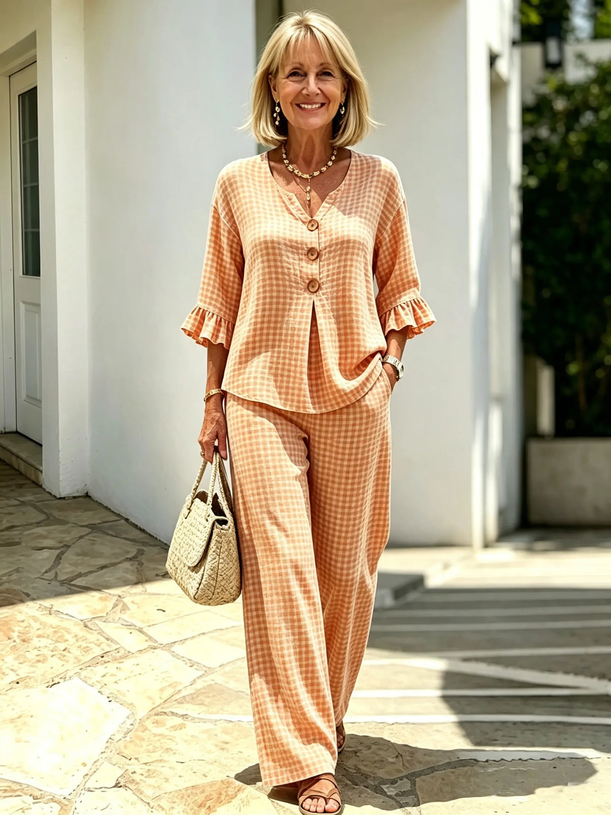 Women Elegant Linen Blend Plaid Two-Piece Casual Pant Set, Woven Textured Gingham Check Pattern Matching Outfit, Notch V-Neck Three Wooden Button Front Top With Ruffle Flared 7/4 Length Bell Flounce Sleeves, Loose High Waist Wide Leg Full Length Trousers