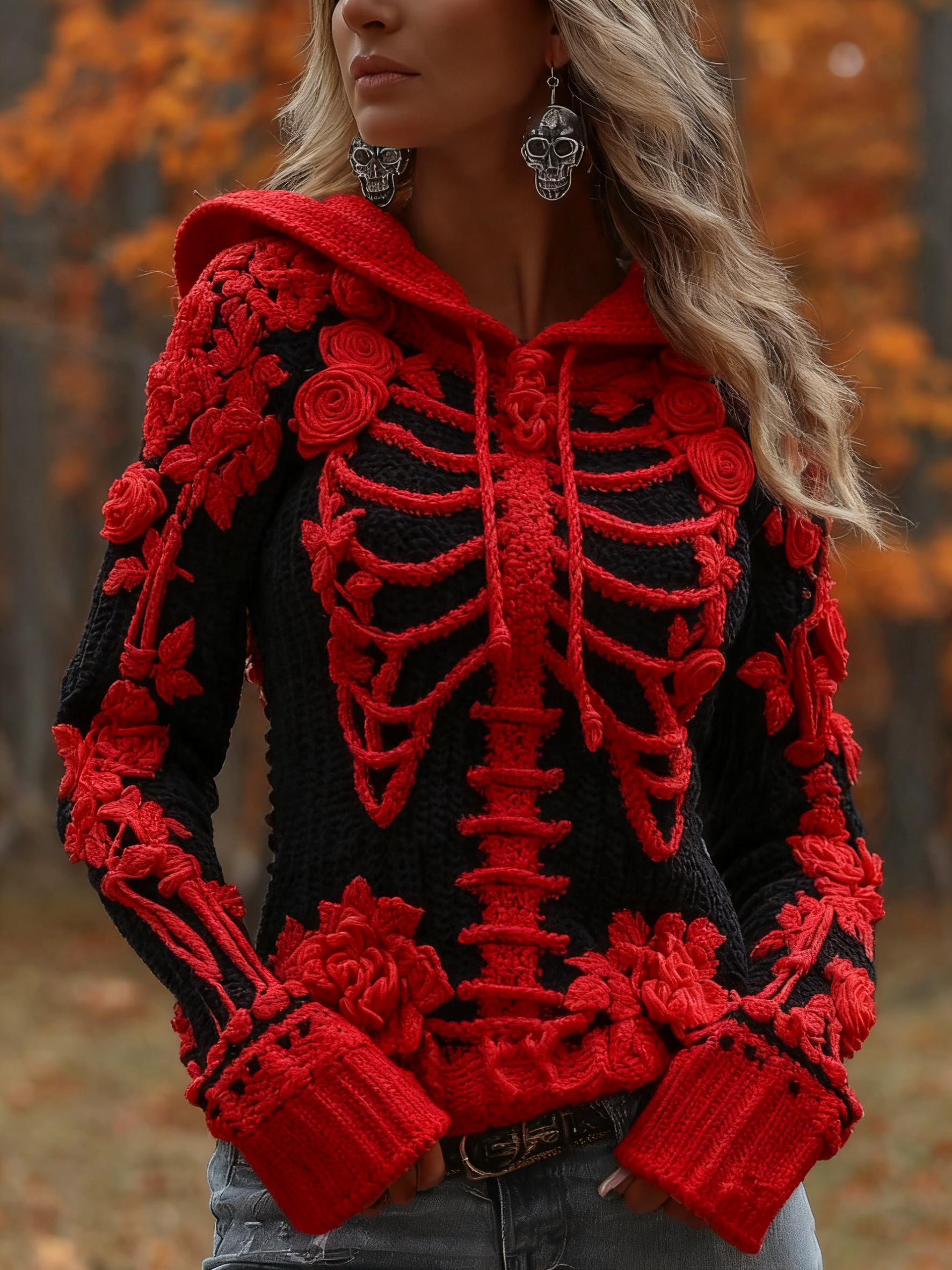 Women's Halloween Skeleton Bones With Roses Art Knitted Warm Hooded Sweater
