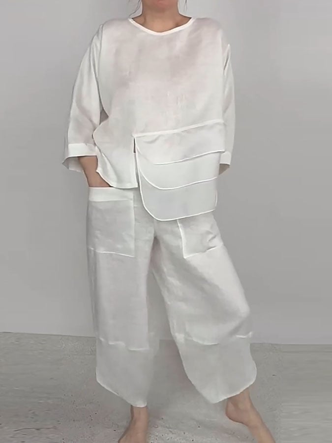 Women's Casual Solid Color Round Neck Long Sleeve Spliced Tops and Pants Two-piece Set