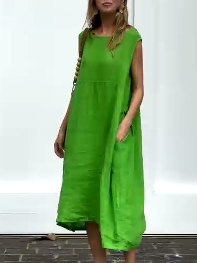 Women'S Casual Solid Color Sleeveless Cotton And Linen Dress