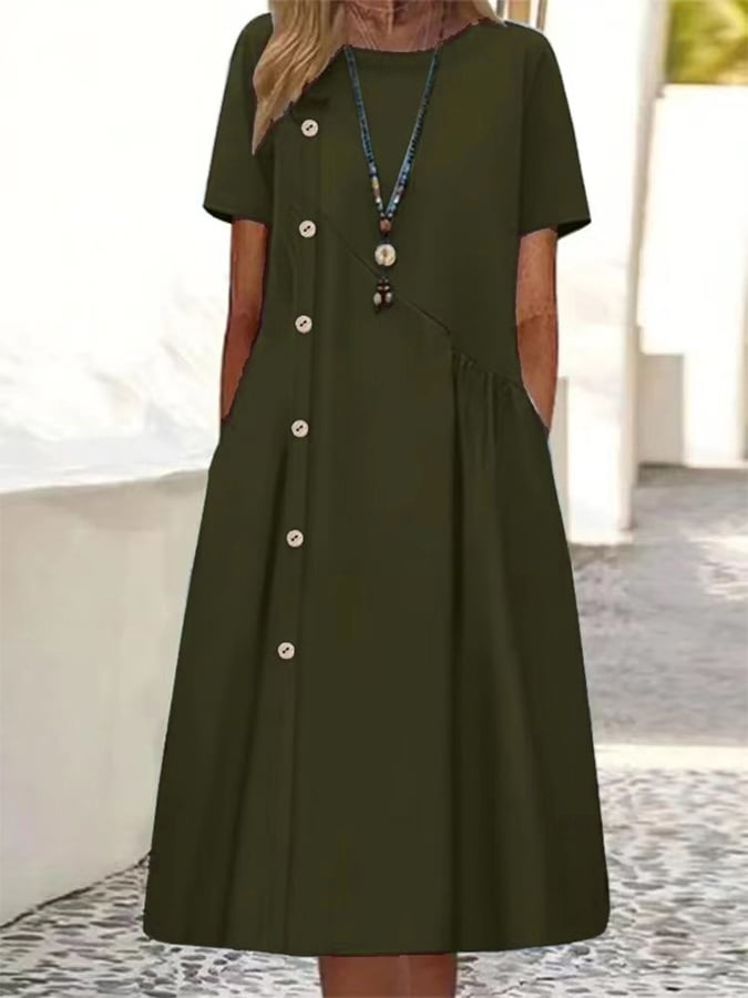 Women's Casual Button Decorated Gathered Pocket Midi Dress