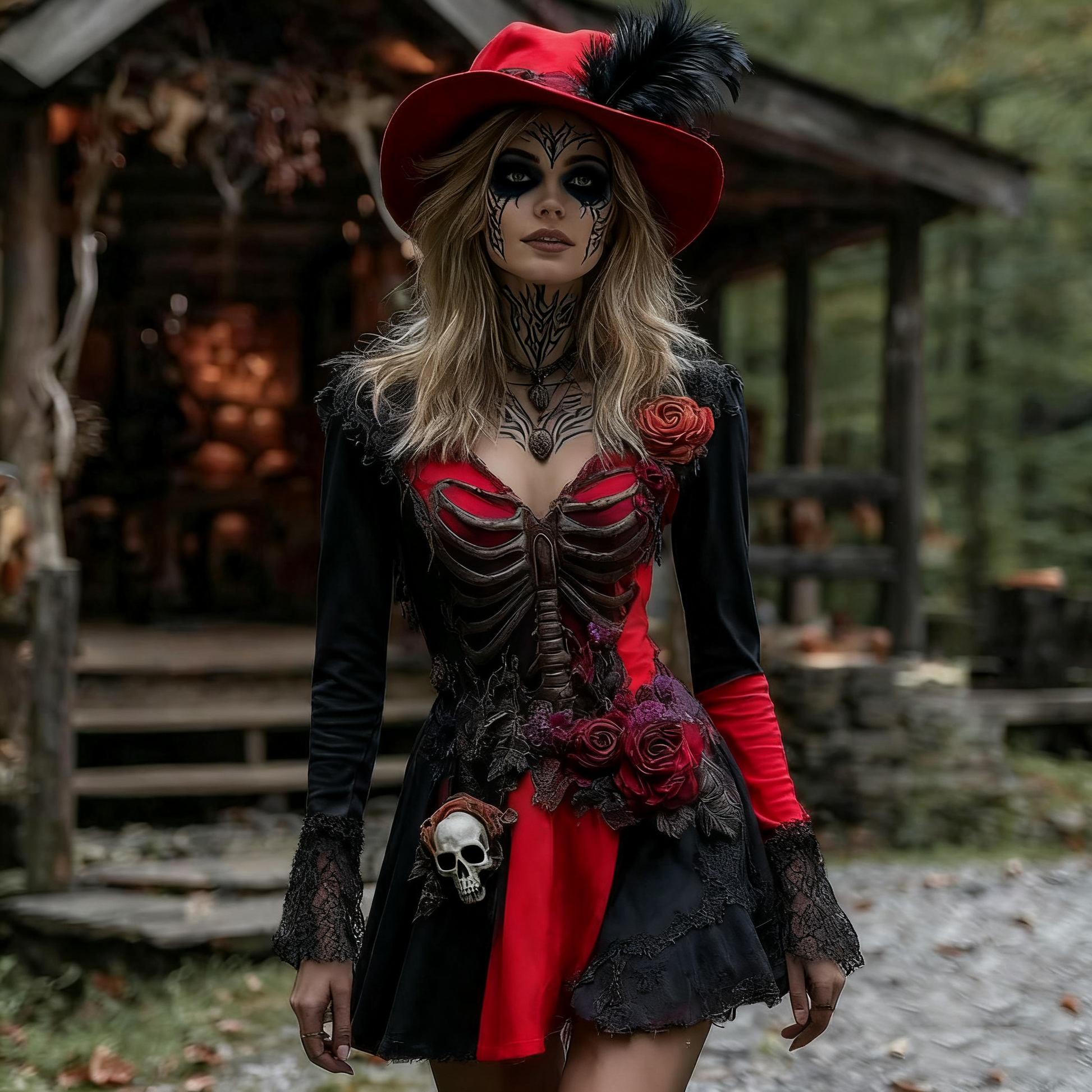 Halloween Rose Skeleton Witch Cosplay Midi Dress