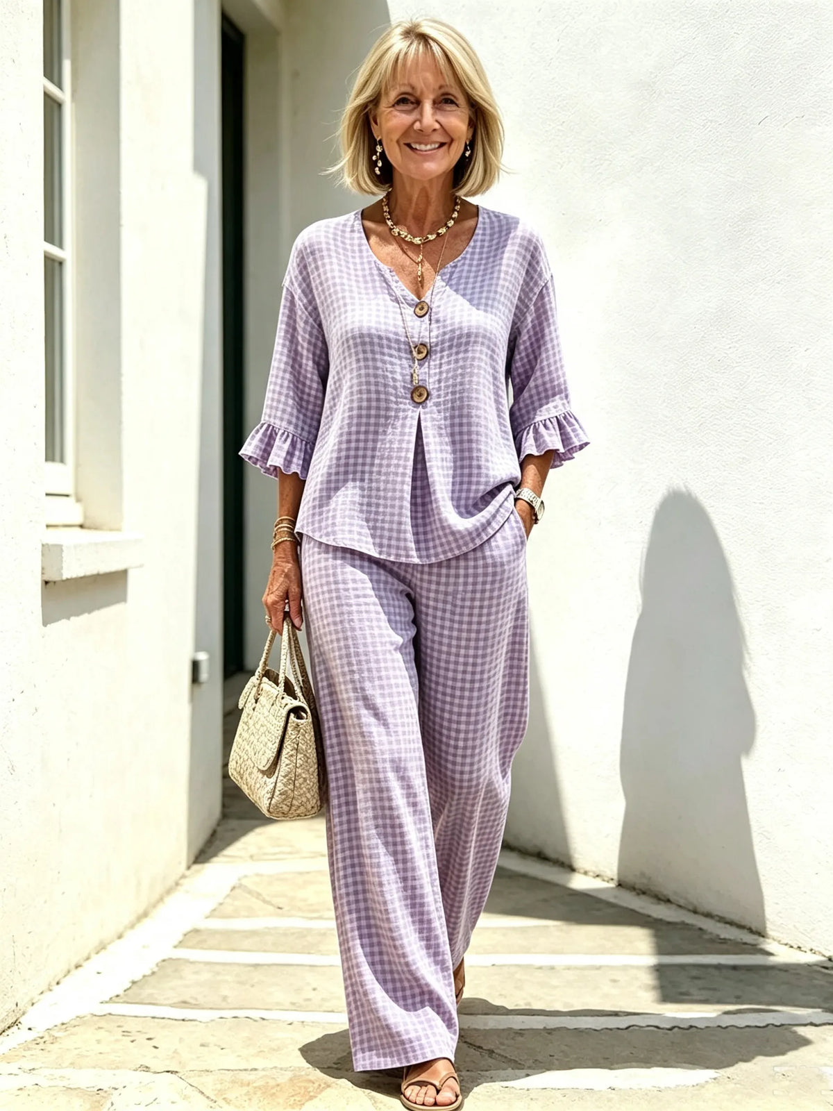 Women Elegant Linen Blend Plaid Two-Piece Casual Pant Set, Woven Textured Gingham Check Pattern Matching Outfit, Notch V-Neck Three Wooden Button Front Top With Ruffle Flared 7/4 Length Bell Flounce Sleeves, Loose High Waist Wide Leg Full Length Trousers