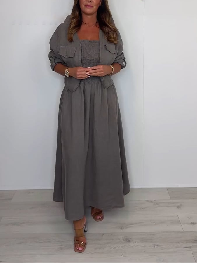 Women's Casual Square Neck Suspender Dress + Jacket Set