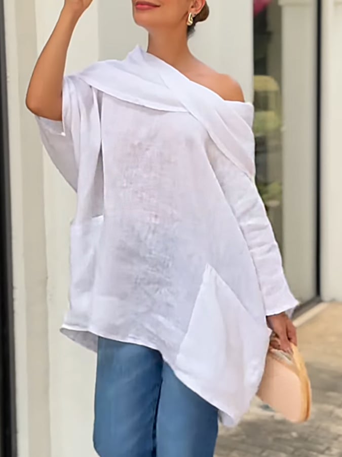 Women's Casual Solid Color Long Sleeve Cotton and Linen Top