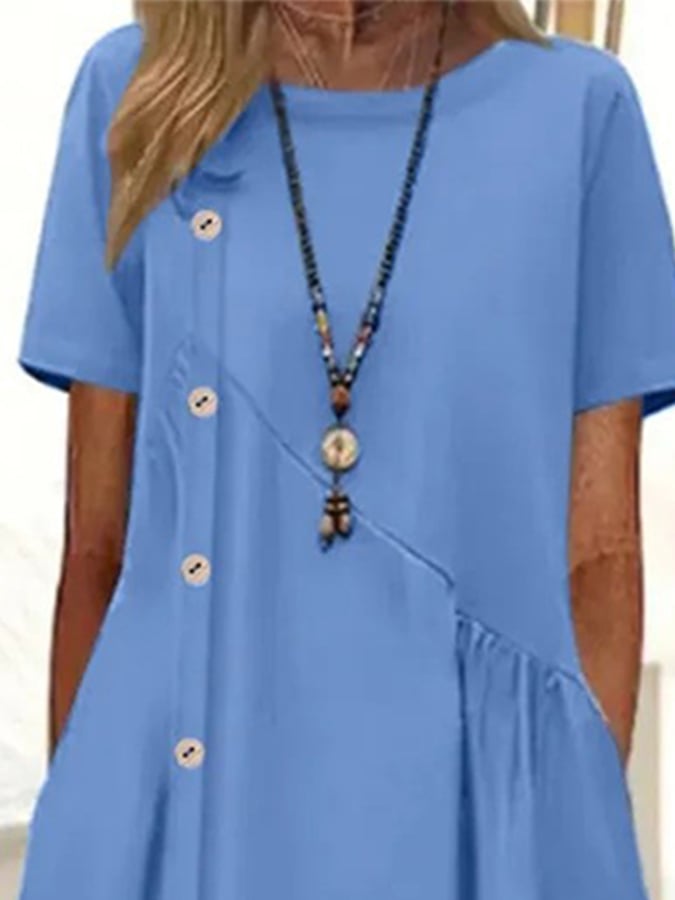 Women's Casual Button Decorated Gathered Pocket Midi Dress