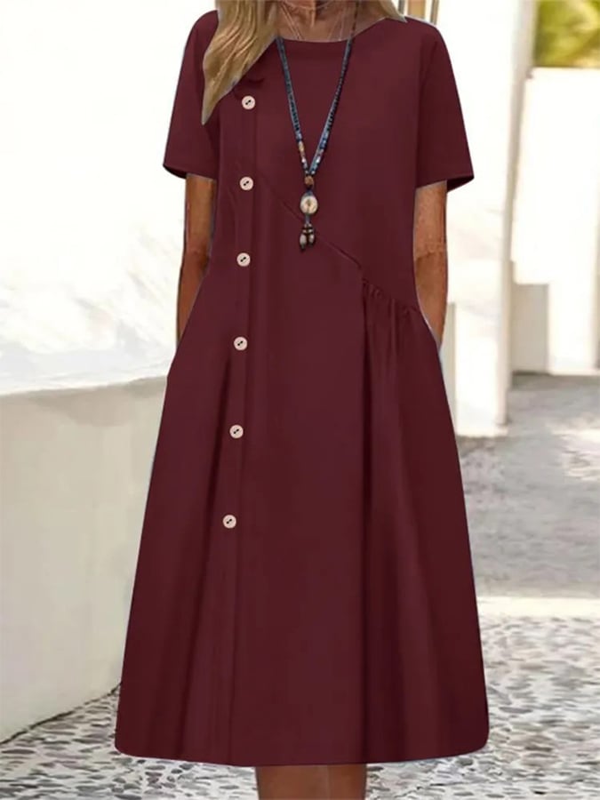 Women's Casual Button Decorated Gathered Pocket Midi Dress