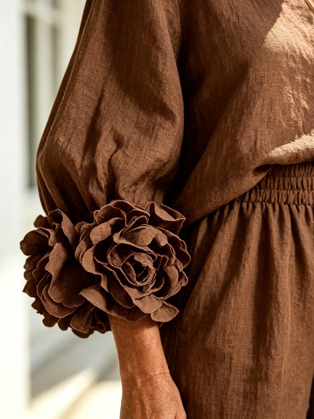 2Pcs Women Solid Color Linen Two Piece Pant Set, Crew Neck Long Sleeve Top with Statement 3D Floral Ruffle Cuffs, Elastic Waist Wide Leg Trousers, Relaxed Fit Matching Outfit for Casual Holiday Daily Outing