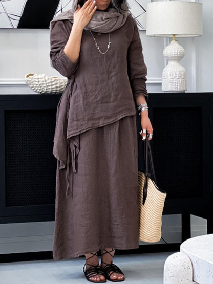 Women's Casual Solid Color Round Neck Long Sleeves Irregular Hem Cotton and Linen Tops and Skirts Two-Piece Set