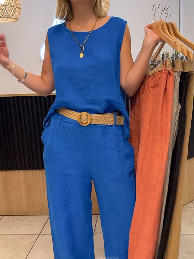 Women's Casual Solid Color Round Neck Vest Trousers Cotton and Linen Two-piece Set