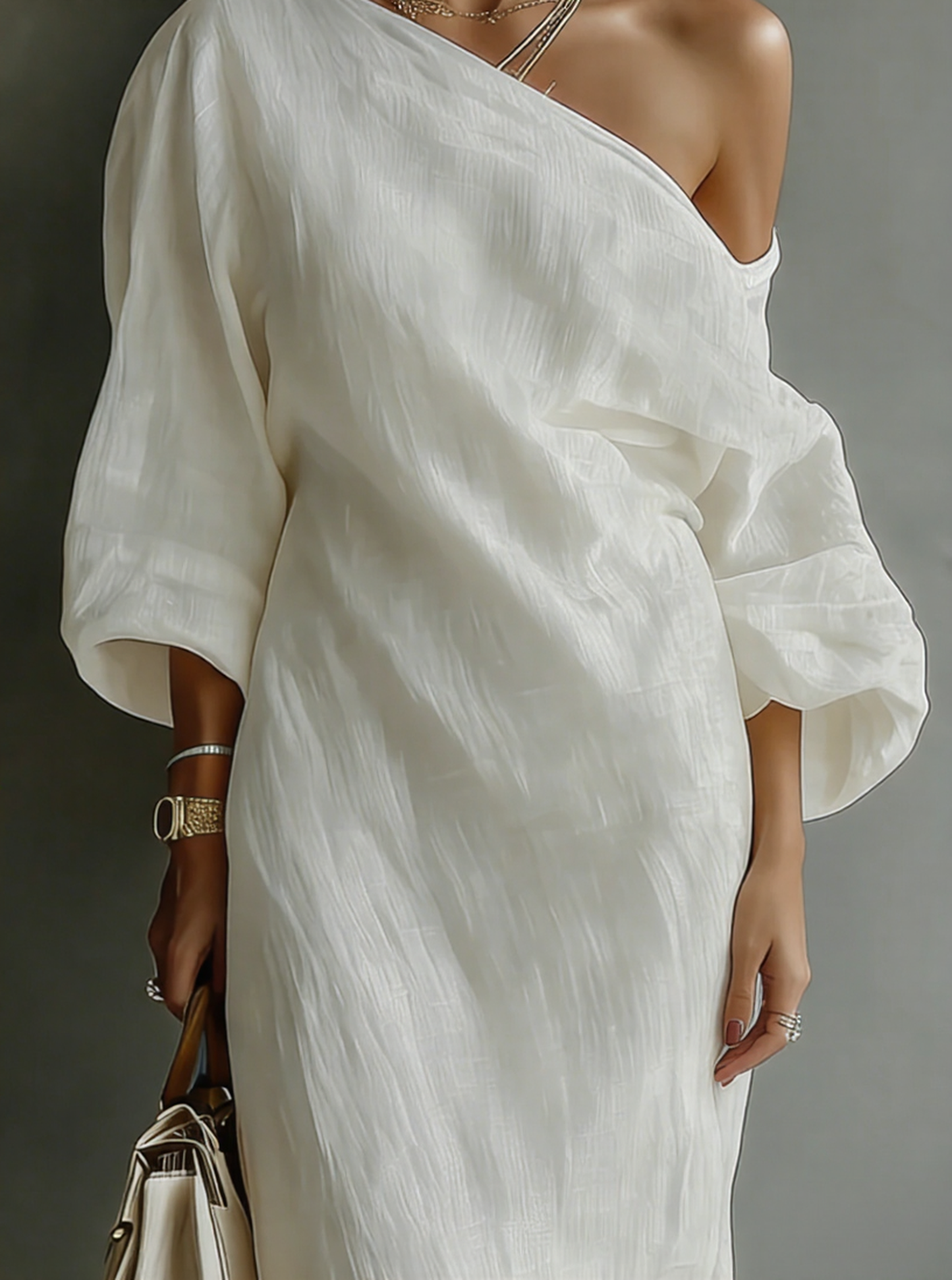 Ivory White One-Shoulder Cotton-Linen Maxi Dress