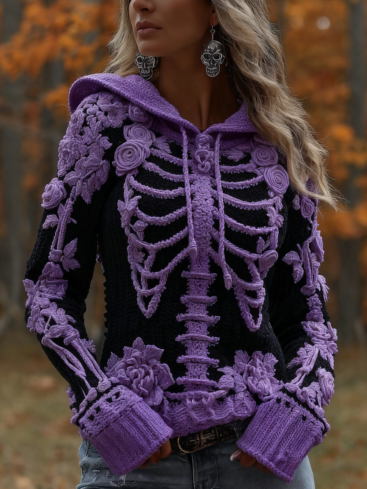 Women's Halloween Skeleton Bones With Roses Art Knitted Warm Hooded Sweater