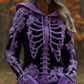 Women's Halloween Skeleton Bones With Roses Art Knitted Warm Hooded Sweater