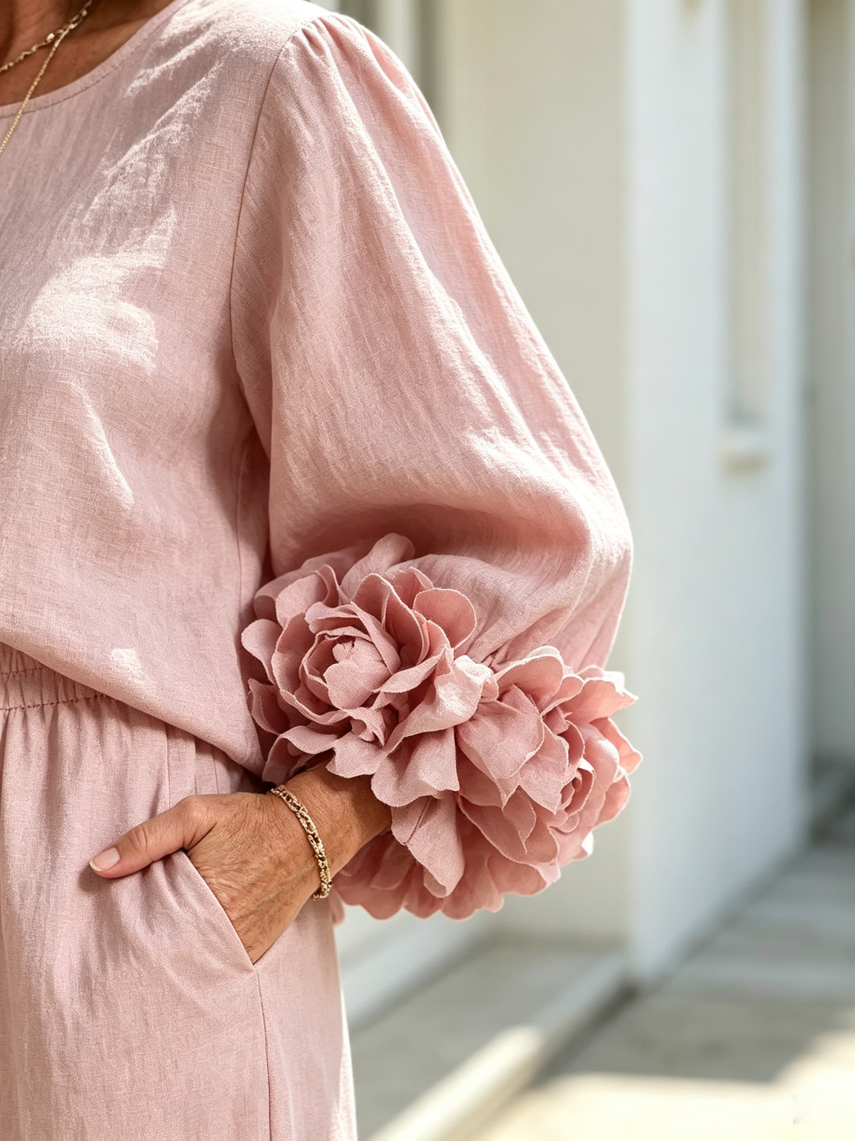 2Pcs Women Solid Color Linen Two Piece Pant Set, Crew Neck Long Sleeve Top with Statement 3D Floral Ruffle Cuffs, Elastic Waist Wide Leg Trousers, Relaxed Fit Matching Outfit for Casual Holiday Daily Outing