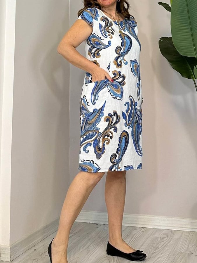 Women'S Round Neck Pocket Printed Cotton And Linen Dress