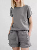 Women's Casual Solid Color Top Drawstring Cotton and Linen Shorts Set